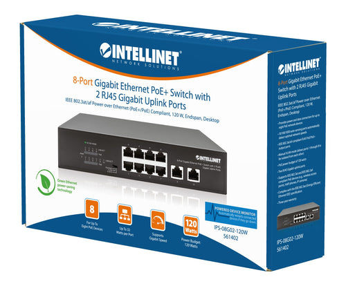 Switch Ethernet Gigabit 8 Porte PoE+ con 2 porte RJ45 Gigabit Uplink