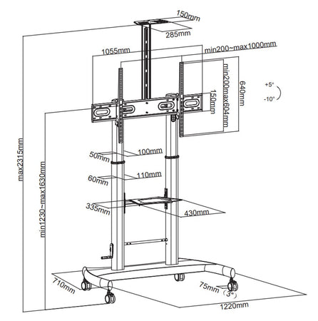Supporto a pavimento per TV con regolazione manuale altezza, in acciaio, per TV da 60'' a 100''