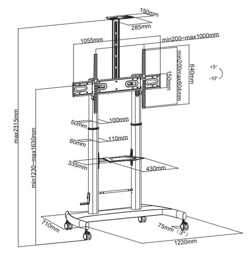 Supporto a pavimento per TV con regolazione manuale altezza, in acciaio, per TV da 60'' a 100''