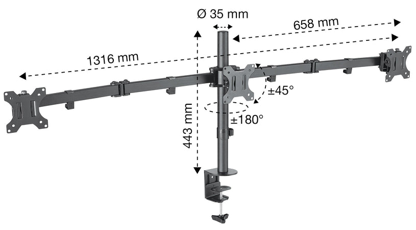 Supporto da Scrivania per 3 Monitor 13-27'' con Morsetto