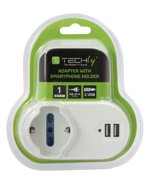 Adattatore Presa bipasso/Schuko 2 USB 1A con porta telefono