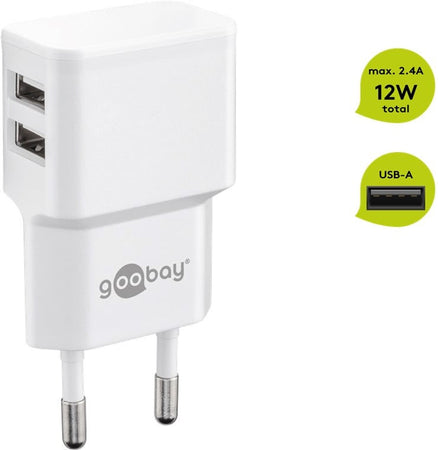 Caricatore da Muro 2 porte USB-A Slim Design 12W Bianco