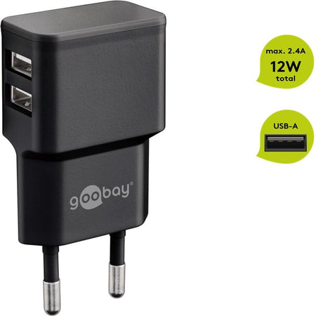Caricatore da Muro 2 porte USB-A Slim Design 12W Nero