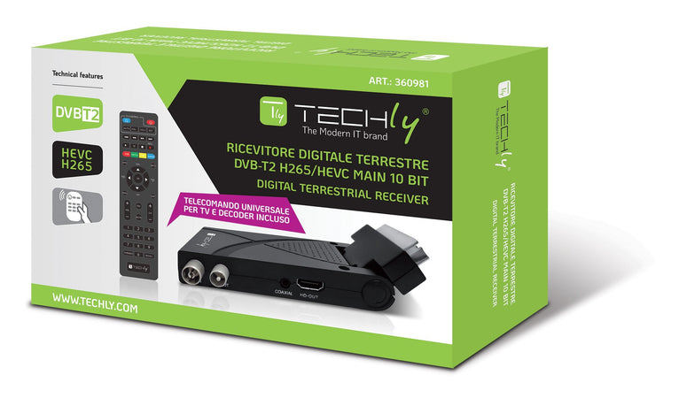 Decoder Ricevitore Digitale Terrestre DVB-T/T2 H.265 HEVC 10bit USB HDMI Scart 180&deg e Telecomando Universale 2 in 1