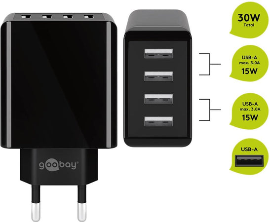 Caricatore da Muro USB a 4 vie 30W Nero