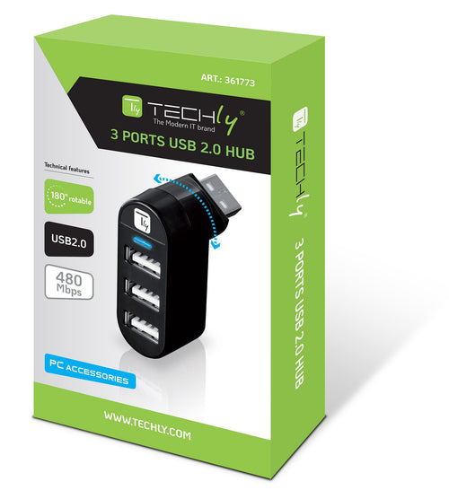 Mini Hub Rotante con 3 Porte USB 2.0 Nero