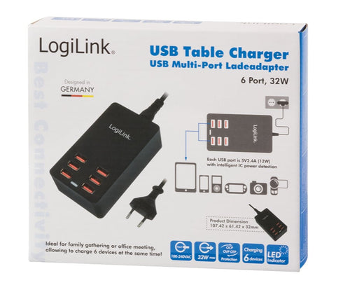 Caricatore da Tavolo a 6 porte USB 32W Nero
