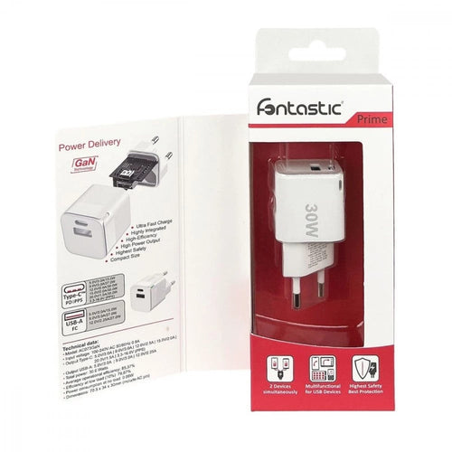 Caricabatterie GaN USB-A e USB-C&trade Power Delivery 30W Ricarica Rapida Bianco