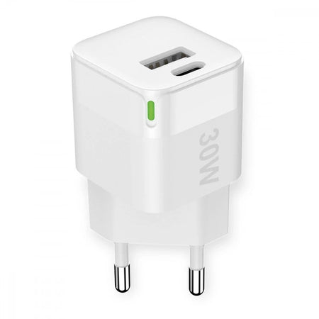 Caricabatterie GaN USB-A e USB-C&trade Power Delivery 30W Ricarica Rapida Bianco