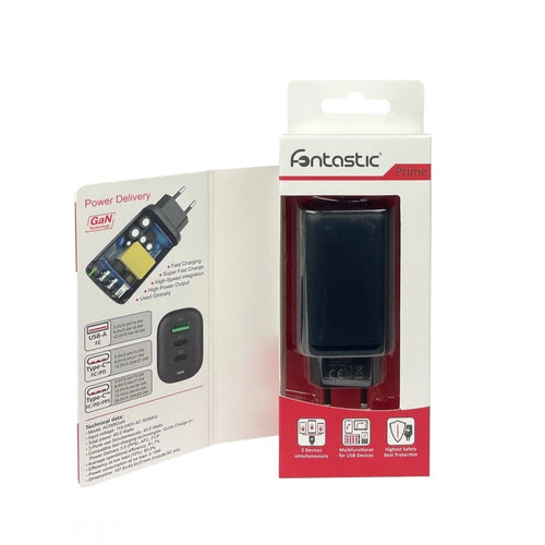 Caricabatterie GaN USB-A e 2 porte USB-C&trade Power Delivery 65W Ricarica Rapida Nero