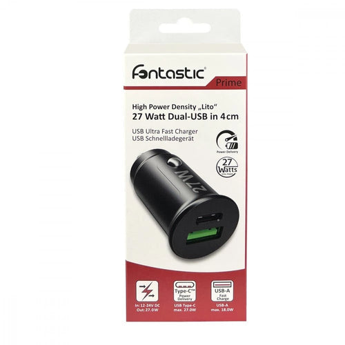 Caricatore da Auto USB A e USB-C&trade 27 Watt PD Power Delivery Fast Charge 3 3A Nero