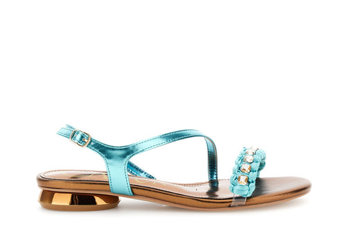SANDALO ASIMMETRICO IN SINTETICOEFFETTOPELLE LAMINATA CON ACC. STRASS