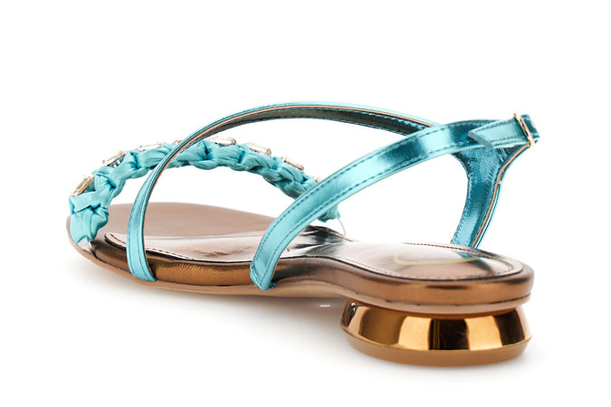 SANDALO ASIMMETRICO IN SINTETICOEFFETTOPELLE LAMINATA CON ACC. STRASS