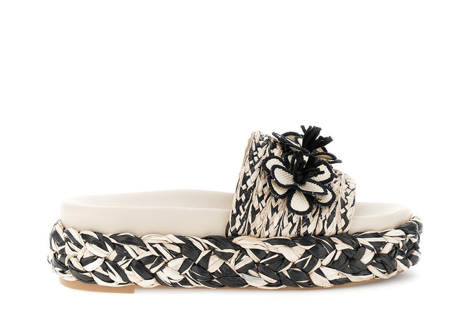 CIABATTA SU ZEPPA FASCIA RAFFIA CON FIORI