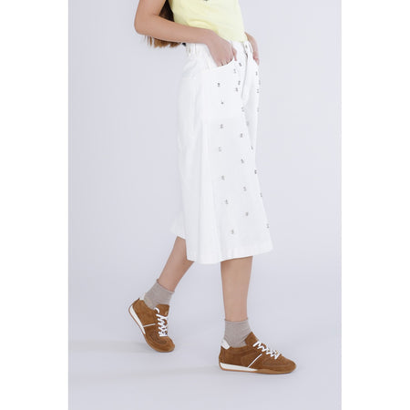 PANTALONE JORTS IN BULL DENIM CON APPLICAZIONI