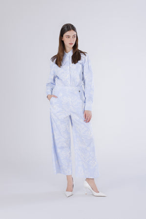 PANTALONE PALAZZO IN POPELINE RIGATO ERICAMATO