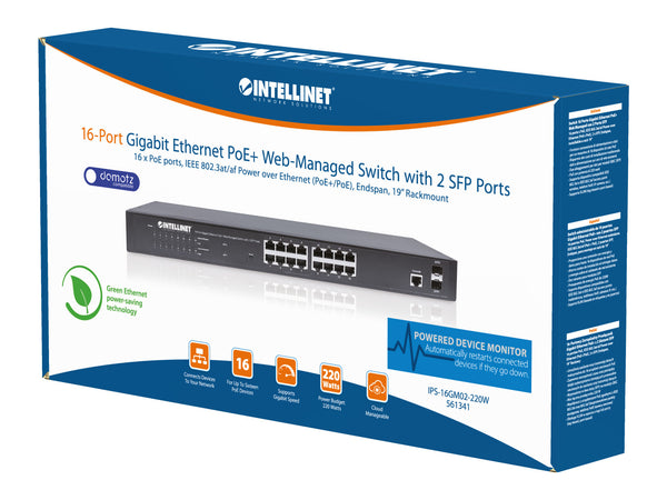 Switch 16 Porte Gigabit Ethernet PoE+ Web Managed con 2 Porte SFP