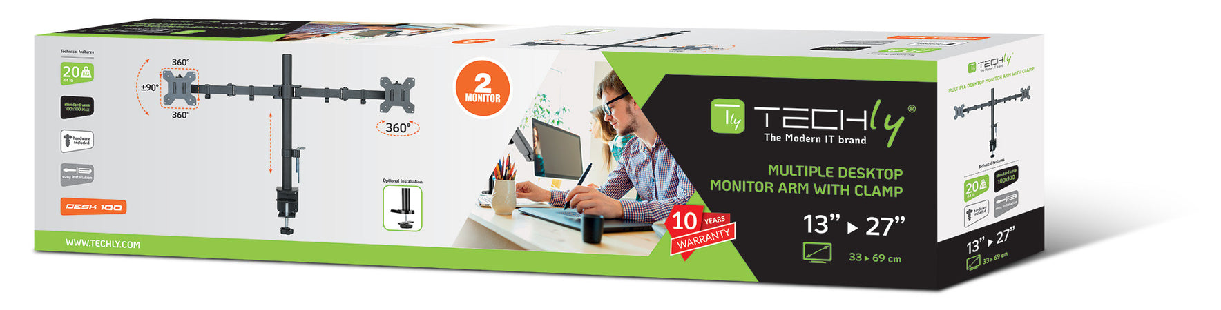 Supporto da Scrivania per 2 Monitor 13-27'' Installazione con Morsetto o Vite Passante