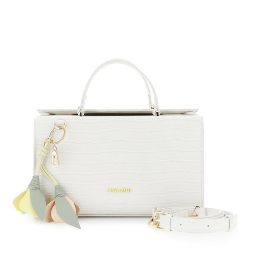 BAULETTO IN MATERIALE SINTETICO STAMPA COCCO CON CHARM A FIORE E LOGO IN CONTRO