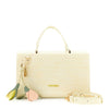 BAULETTO IN MATERIALE SINTETICO STAMPA COCCO CON CHARM A FIORE E LOGO IN CONTRO