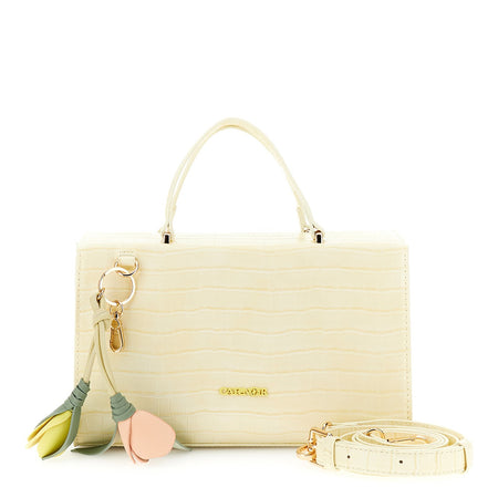 BAULETTO IN MATERIALE SINTETICO STAMPA COCCO CON CHARM A FIORE E LOGO IN CONTRO