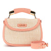 BORSA A MANO CON PATTINA IN RAFFIA CON RIFINITURE IN PU A CONTRASTO , PATCH CON