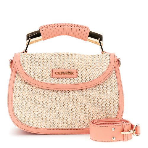BORSA A MANO CON PATTINA IN RAFFIA CON RIFINITURE IN PU A CONTRASTO , PATCH CON