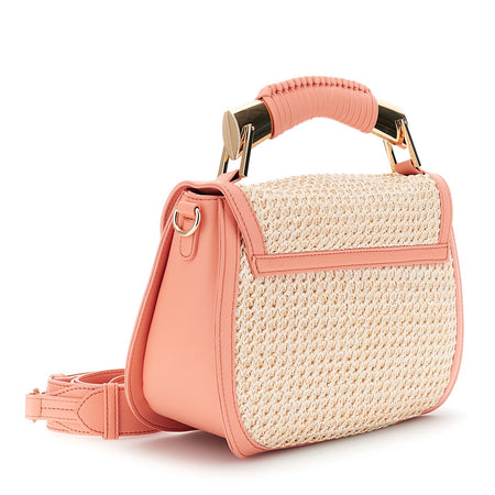 BORSA A MANO CON PATTINA IN RAFFIA CON RIFINITURE IN PU A CONTRASTO , PATCH CON