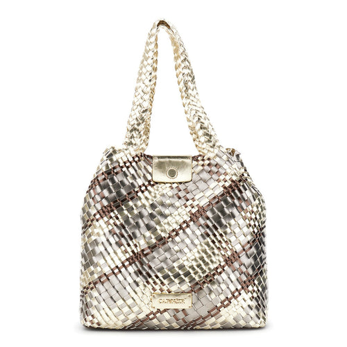 SHOPPING INTRECCIATA IN MATERIALE SINTETICO METALLIZZATO MULTICOLOR, TAG CON LOG