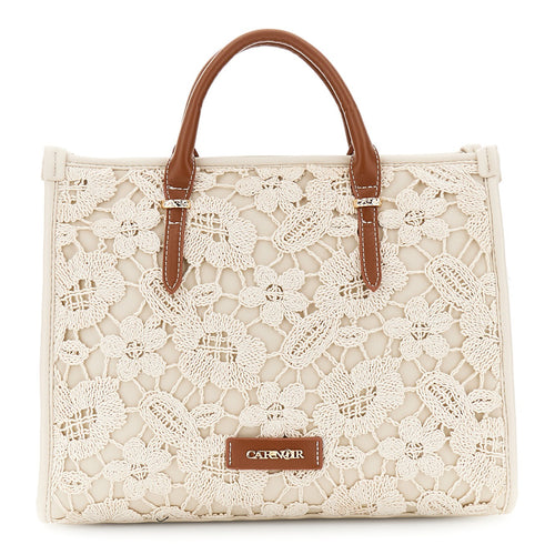 SHOPPING PICCOLA IN MACRAME' CON MANICI E TAG IN SINTETICO EFFETTO PELLE IN CON