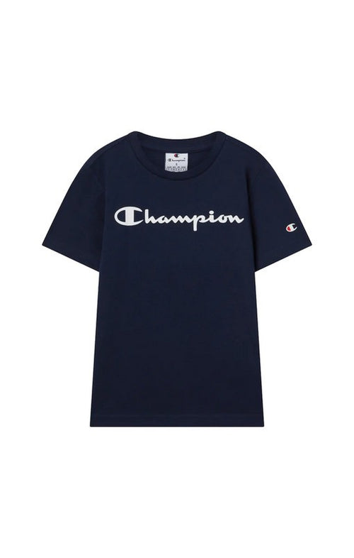 Champion Script Shop - Maglietta a Maniche Corte da Ragazzo, Blu Navy