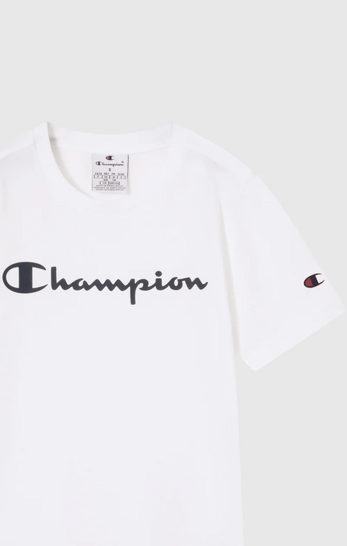 Champion Script Shop - Maglietta a Maniche Corte da Ragazzo, Bianco