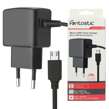 Caricatore con Cavo MicroUSB 2,4A Spina Europea 2 pin Nero