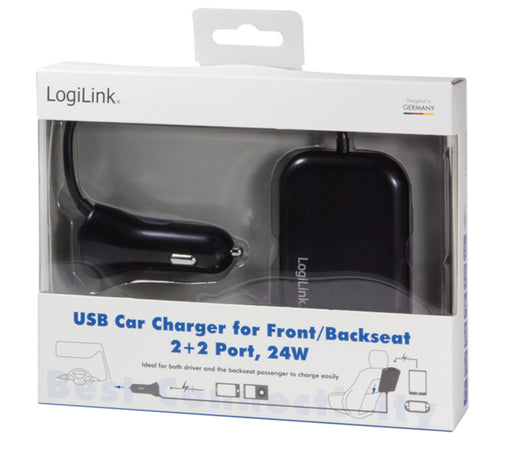 Caricatore da Auto 2 USB + 2 USB per Passeggeri Posteriori 24W
