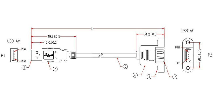 Cavo USB 2.0 A Maschio/A Femmina da Pannello 1 m