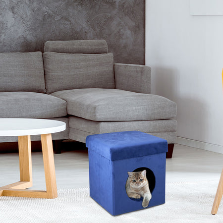 Cuccia Casetta per Gatti Pieghevole Morbida in Poliestere 34x36cm Blu