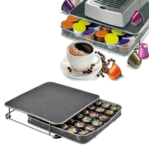 Contenitore Cassetto Porta Capsule Cialde Caffe' Metallo Estraibile Silver/Nero