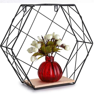 Mensola Parete Esagonale 1 Ripiano Design Moderno Scaffale Legno MDF Metallo Nero