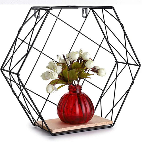 Mensola Parete Esagonale 1 Ripiano Design Moderno Scaffale Legno MDF Metallo Nero