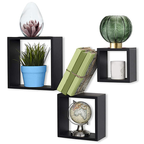 Set 3 Mensole Cubo Moderne in Legno MDF Design Minimalista Scaffale Parete Nero