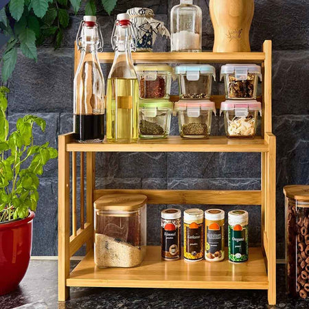 Scaffale Mobiletto Portaspezie in Legno Bambù 3 ripiani regolabili Cucina 53x42x18cm
