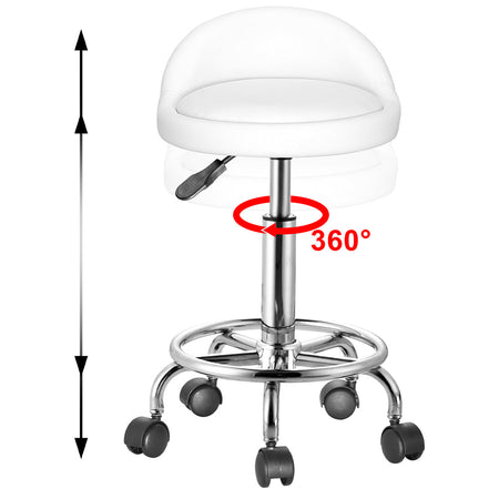 Sgabello Lavoro 5 Ruote Girevole in Acciaio Seduta Morbida Altezza Regolabile Bianco