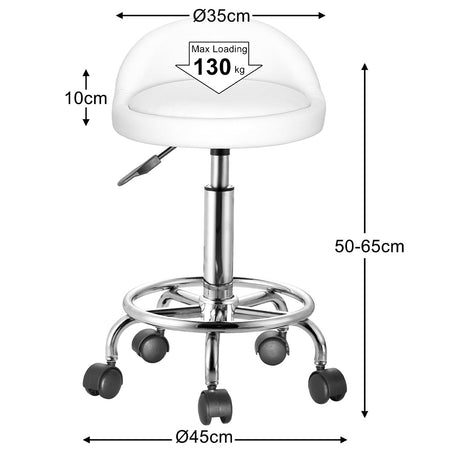Sgabello Lavoro 5 Ruote Girevole in Acciaio Seduta Morbida Altezza Regolabile Bianco