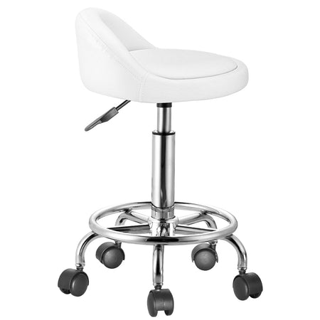 Sgabello Lavoro 5 Ruote Girevole in Acciaio Seduta Morbida Altezza Regolabile Bianco