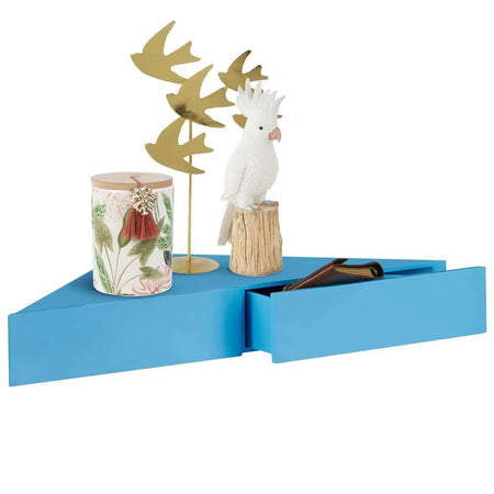 Mensola Angolare Doppio Cassetto a Parete in Legno MDF Blu