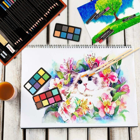 Valigetta in Legno Pittore 78pz Colori Pittura Pastelli Acquerelli Professionale