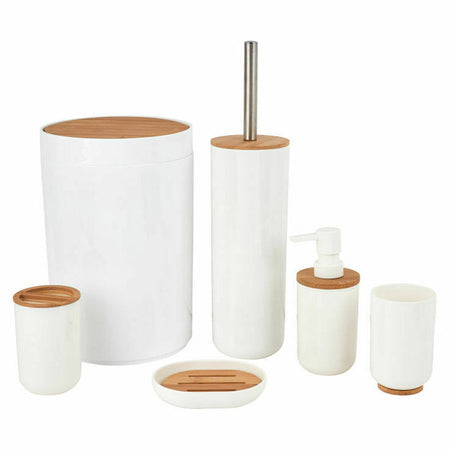 Set da Bagno 6pz Legno Bambù e Plastica Porta Sapone Spazzolino Pattumiera