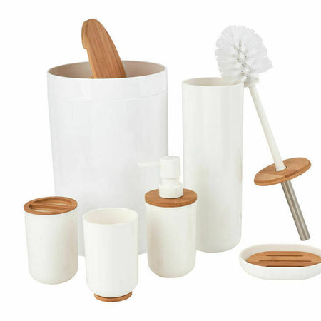 Set da Bagno 6pz Legno Bambù e Plastica Porta Sapone Spazzolino Pattumiera