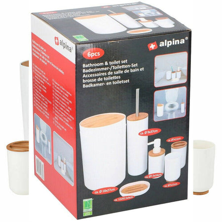Set da Bagno 6pz Legno Bambù e Plastica Porta Sapone Spazzolino Pattumiera