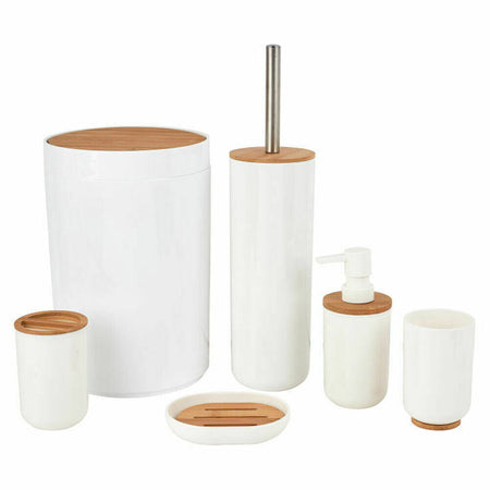 Set da Bagno 6pz Legno Bambù e Plastica Porta Sapone Spazzolino Pattumiera